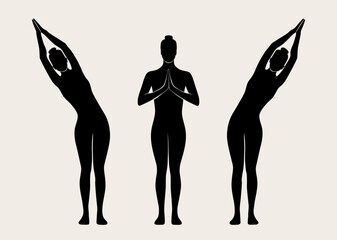 Fototapeta premium Woman doing Yoga, tadasana pose. Slim girl doing yoga. Hand drawn black silhouette Vector illustration. Weight Loss. Health care and lifestyle concept. Female yoga.