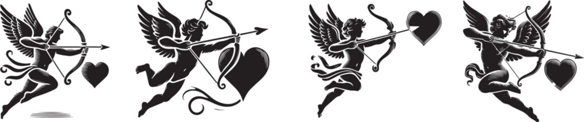 Fototapeta premium set of cupid arrow silhouette, vector illustration black and white. 