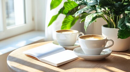 Cozy Morning Ritual Coffee, Open Notebook, and Sunlight on a Rustic Table with Green Plant
