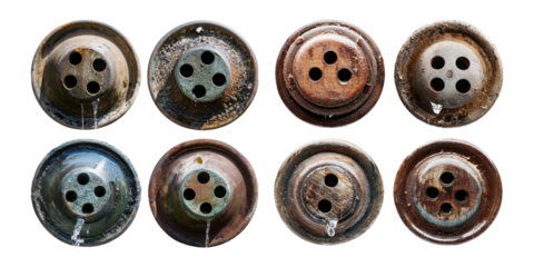 Old, rustic sewing pipes with water leaking from cracks and holes, set collection, mega bundle, isolated on transparent background