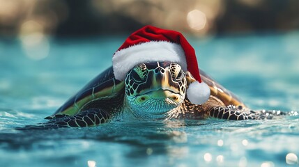 sea turtle wearing a santas hat in the sea, christmas theme, animal christmas wallpaper