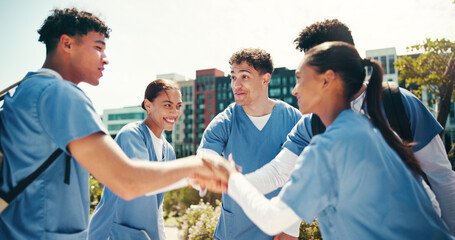 Medical success, students and support with hands together outdoor for training program feedback or...