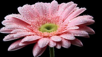 Pink gerbera daisy with water droplets against a black background showcasing its delicate petals and vibrant color - Powered by Adobe