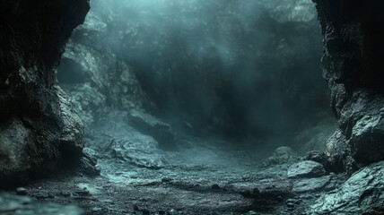 Misty cave interior with atmospheric lighting.