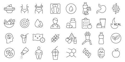 Weight loss icon set. containing Nutrition, healthy and organic, food, and more .editable stroke thin outline icon collection .isolated on white background flat vector illustration