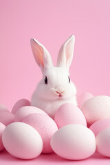 Fototapeta premium A fluffy bunny sits among pastel pink eggs, creating a whimsical spring vibe for Easter celebrations