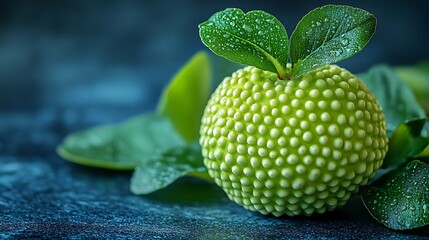 Green textured sphere rests on leaves with dew drops