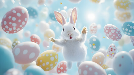 White Bunny Leaping Among Colorful Easter Eggs With Joyful Expression. Generative AI