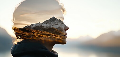 double exposure landscape vacation concept. A person silhouette blends with a scenic mountain landscape, symbolizing a connection between nature and self.