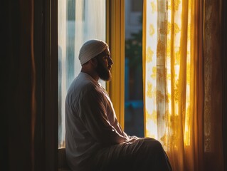 Muslim Man Contemplating Near Window, Golden Sunlight, Peaceful, Thoughtful, Spiritual