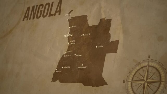 Vintage Map of ANGOLA with states Borders and Major Cities Positions