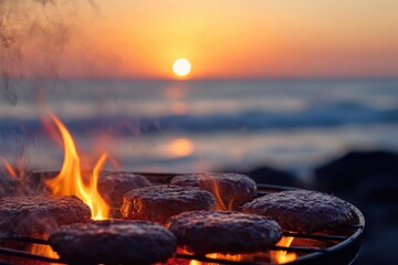 A barbecue grill with sizzling patties over open flames