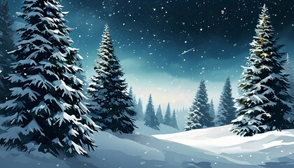Obraz premium Christmas banner. Beautiful night scene with fir trees. Winter card. background of the starry night sky. Christmas banner for congratulations and invitations