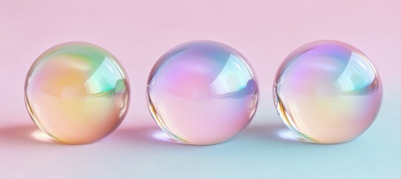 Three Iridescent Spheres on a Pastel Background, an Abstract and Minimalist Composition.