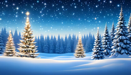 Naklejka premium Christmas banner. Beautiful night scene with fir trees. Decorated Christmas tree. glowing balls. Greenlands. Winter card. background of the starry night sky. Christmas banner for congratulations 