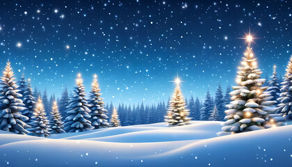 Naklejka premium Christmas banner. Beautiful night scene with fir trees. Decorated Christmas tree. glowing balls. Greenlands. Winter card. background of the starry night sky. Christmas banner for congratulations 