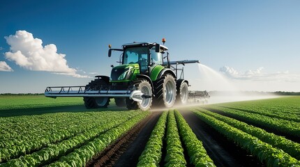 Fototapeta premium Tractor spray fertilize field with insecticide herbicide chemicals in agriculture field