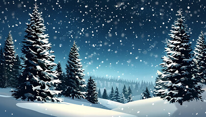 Fototapeta premium Christmas banner. Beautiful night scene with fir trees. Winter card. background of the starry night sky. Christmas banner for congratulations and invitations