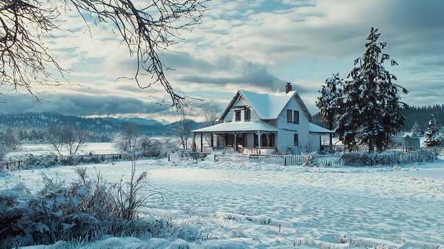 A Rural Farmhouse in Winter, Central Saanich Near Snow-Covered Fields