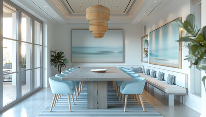 A dining room with a striped gray and white floor, a large rectangular modern white wood dining...