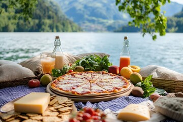 Picnic celebration by the lake featuring a large pizza refreshing drinks scenic nature background relaxed atmosphere and joyful gathering experience