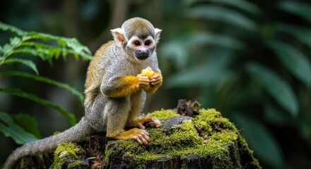 Obraz premium Curious squirrel monkey on mossy tree stump in lush jungle environment