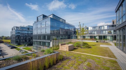 Obraz premium Lush green modern apartment building with abundant plant life on balconies, illuminated by golden sunrise, symbolizing urban sustainability.