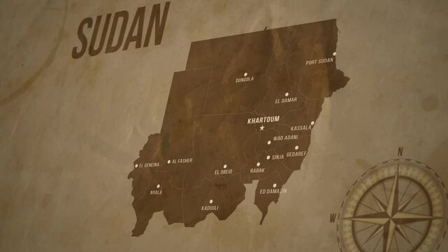 Vintage Map of SUDAN with states Borders and Major Cities Positions