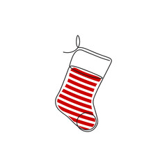 Christmas stocking one line illustration in red color, striped sock, single line Christmas stocking, line drawing illustration, one line Christmas art
