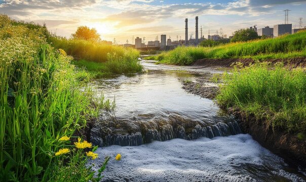 Sunset, stream flows, industrial plants background, lush vegetation.