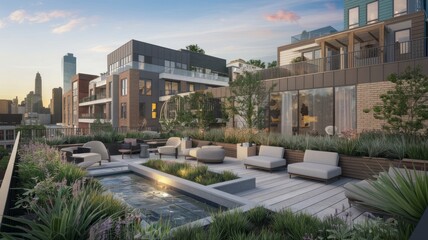Fototapeta premium Lush green modern apartment building with abundant plant life on balconies, illuminated by golden sunrise, symbolizing urban sustainability.