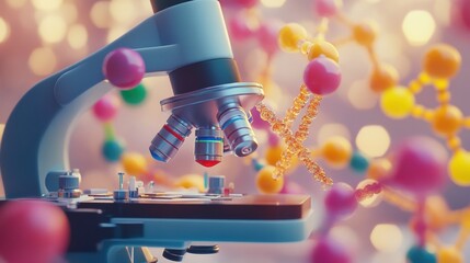 DNA analysis scene showing molecular structures under a microscope with colorful 3D renderings