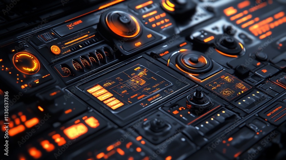 Poster futuristic control panel with glowing orange interface.
