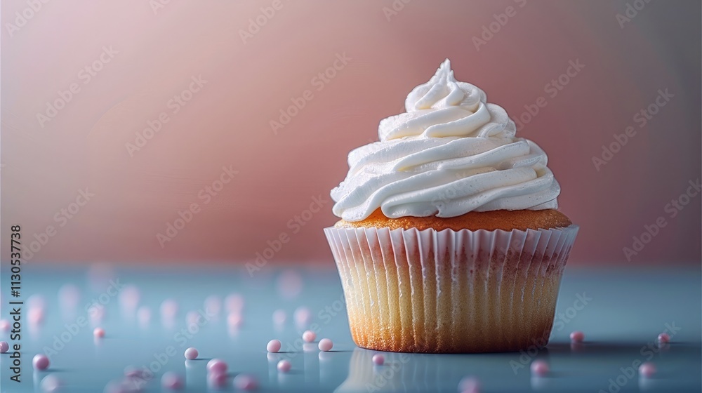 Poster single cupcake with thick, fluffy frosting, placed on smooth gradient background.