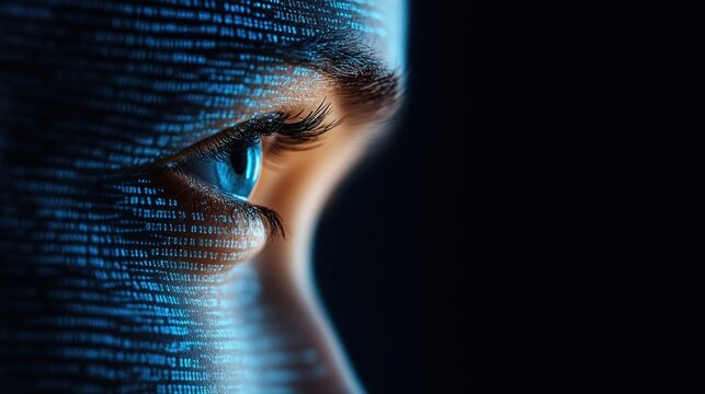 This close-up view captures the eye of a technological woman, enhanced by glowing digital data patterns. The image showcases a futuristic aesthetic that blends human features with advanced technology