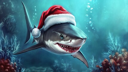 sea shark wearing a santas hat in the sea, chrismas theme, animal christmas wallpaper