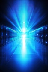 Obraz premium Illuminating technology blue light beam in data center corridor futuristic environment perspective innovation