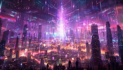 Obraz premium Futuristic Cityscape Night View Illuminated Towers