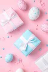 Fototapeta premium Delightful pastel presents and playful eggs create a cheerful spring celebration perfect for Easter festivities