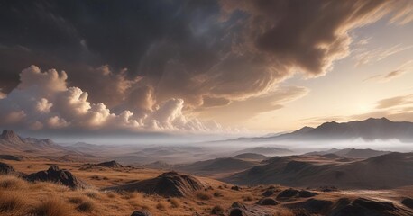 Obraz premium A thin veil of cirrostratus cloud casting an ethereal glow on the landscape, ethereal quality, distant landscape, serene atmosphere