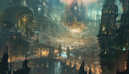 Obraz premium Futuristic Cityscape Illuminated at Night with Towering Structures