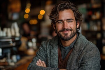 Obraz premium A successful young coffee shop owner stands confidently with arms crossed, showcasing his passion for coffee in a lively café filled with customers and warm lighting
