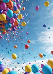 Fototapeta premium Brightly colored balloons float upwards in the air amidst a scattered confetti on a clear blue sky background , joyful, colorful balloons, party decorations