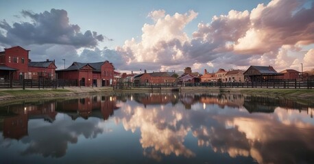 Fototapeta premium Clouds reflecting in the calm waters of the Fort Worth Stockyards' pond, , atmospheric conditions