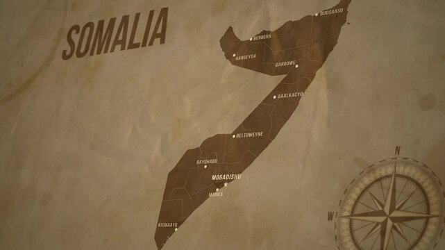 Vintage Map of SOMALIA with states Borders and Major Cities Positions