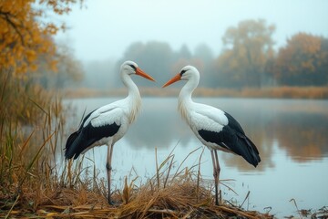Obraz premium Two storks stand calmly at the edge of a tranquil pond surrounded by reeds and autumn foliage. The atmosphere is peaceful, reflecting the beauty of nature in the early morning fog