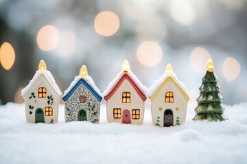 Fototapeta premium Cozy Miniature White Houses in Snowy Winter Scene The Cozy Winter Village Toy Christmas houses covered in snow with glowing windows Illuminated Winter Village Houses with Snowy Rooftops 