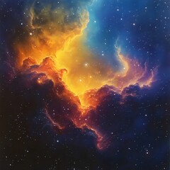 Fototapeta premium A painting of a colorful nebula with a blue sky background