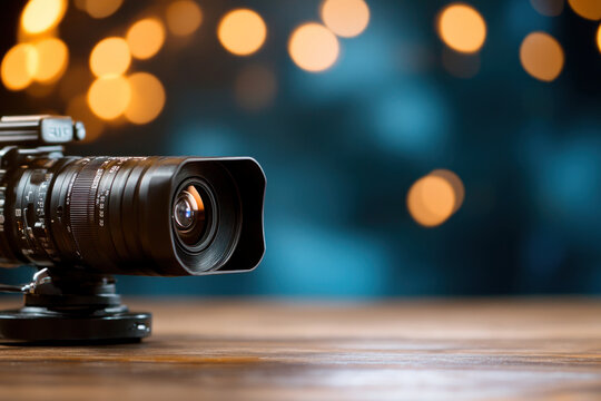 A high-quality camera rests on a wooden surface, capturing the vibrant environment of a recording studio. Blurred bokeh lights create a dynamic backdrop enhancing the creative ambiance