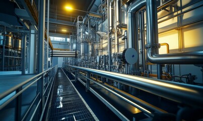 Obraz premium Industrial facility with extensive metal piping and walkways.